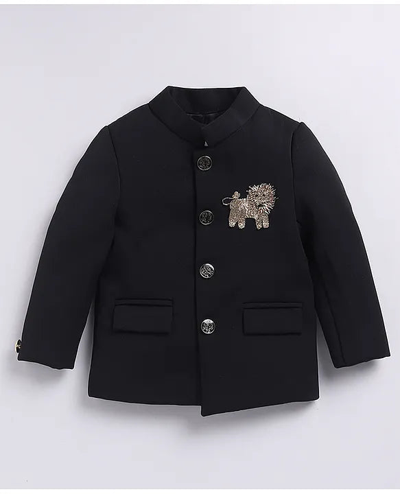  Terry Full Sleeves Lion Embroidered 3 Piece Party Suit Set- Black
