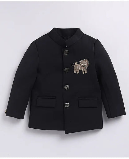  Terry Full Sleeves Lion Embroidered 3 Piece Party Suit Set- Black
