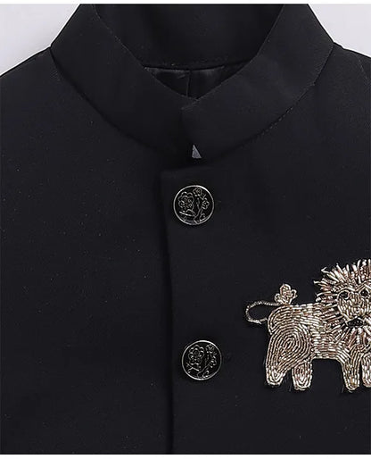  Terry Full Sleeves Lion Embroidered 3 Piece Party Suit Set- Black