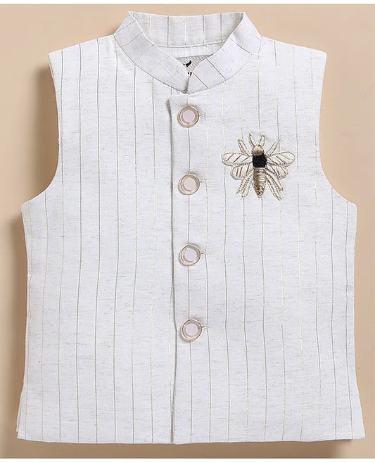 Boys Hand Embroidered Insect Motif Ethnic Jacket Kurta Pajama Set- Cream