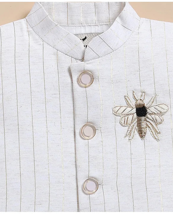 Boys Hand Embroidered Insect Motif Ethnic Jacket Kurta Pajama Set- Cream