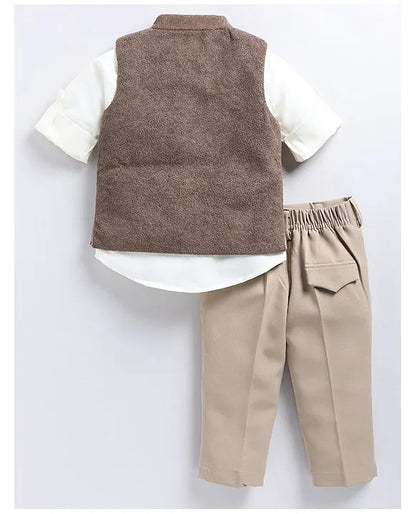 Cotton Blend Full Sleeves Solid Shirt & Pant With Sequins Embellished Owl Designed Waistcoat Set - Coffee