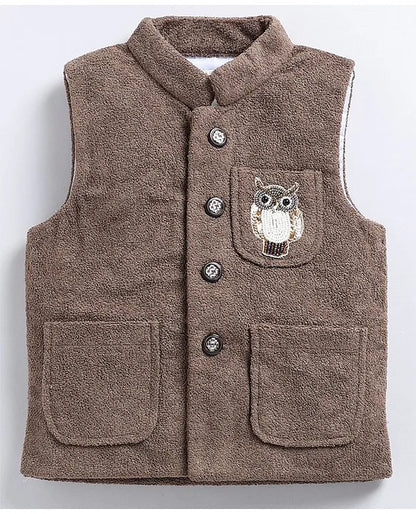 Cotton Blend Full Sleeves Solid Shirt & Pant With Sequins Embellished Owl Designed Waistcoat Set - Coffee