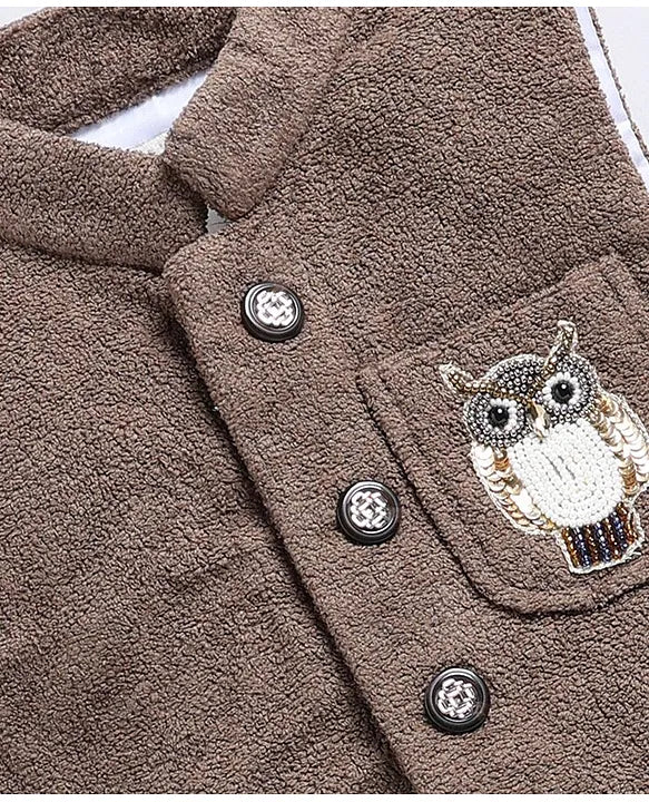 Cotton Blend Full Sleeves Solid Shirt & Pant With Sequins Embellished Owl Designed Waistcoat Set - Coffee