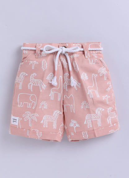 Boys Animal Printed Pure Cotton Shirt & Pant Set - Peach