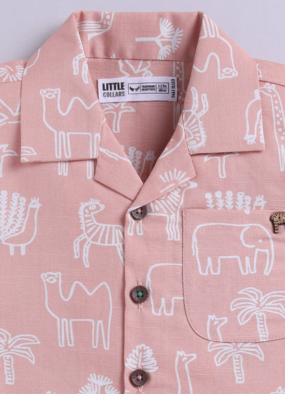 Boys Animal Printed Pure Cotton Shirt & Pant Set - Peach