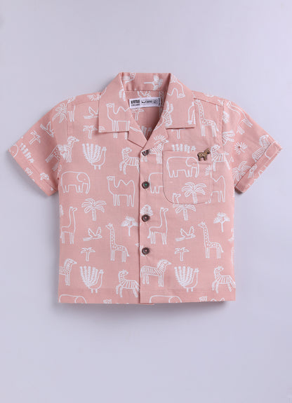 Boys Animal Printed Pure Cotton Shirt & Pant Set - Peach