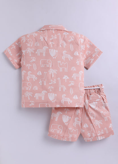 Boys Animal Printed Pure Cotton Shirt & Pant Set - Peach