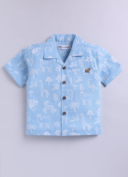 Boys Animal Printed Pure Cotton Shirt & Pant Set - Blue