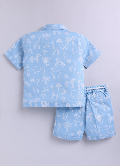 Boys Animal Printed Pure Cotton Shirt & Pant Set - Blue
