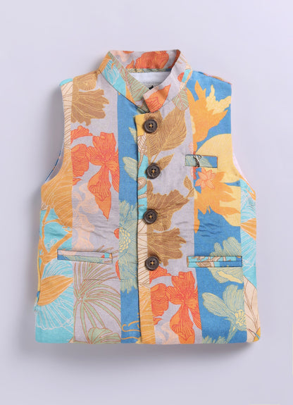 Boys Printed Nehru Jacket with Shirt & Formal Trousers Festive Party Wear Set- Cream