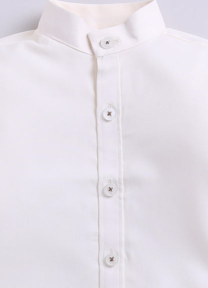 Boys Printed Nehru Jacket with Shirt & Formal Trousers Festive Party Wear Set- Cream