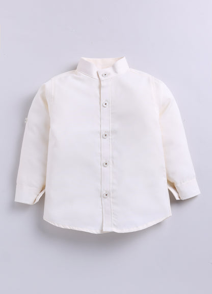Boys Printed Nehru Jacket with Shirt & Formal Trousers Festive Party Wear Set- Cream