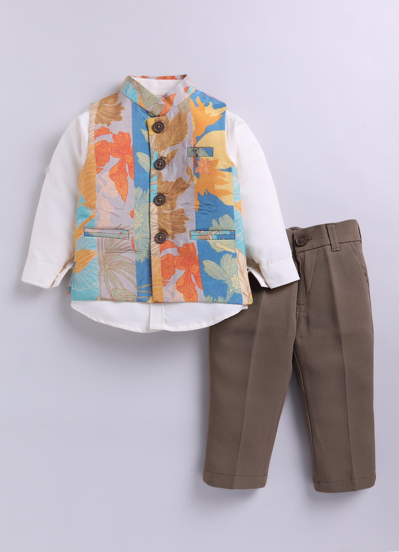 Boys Printed Nehru Jacket with Shirt & Formal Trousers Festive Party Wear Set- Cream
