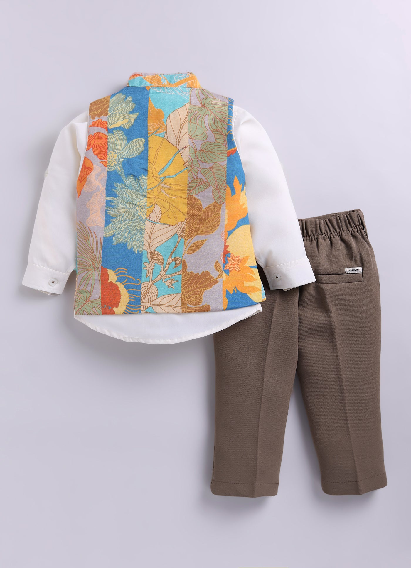 Boys Printed Nehru Jacket with Shirt & Formal Trousers Festive Party Wear Set- Cream