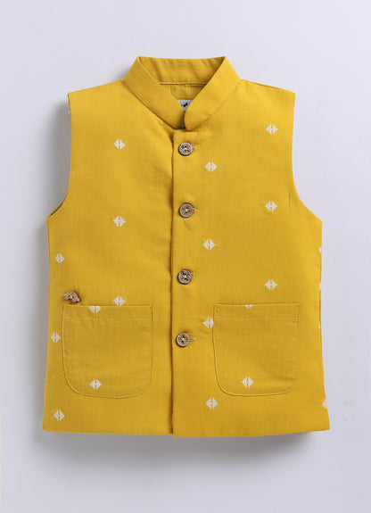 Boys Pure Cotton Nehru Jacket, Kurta, Pajama Ethnic Set - Mustard