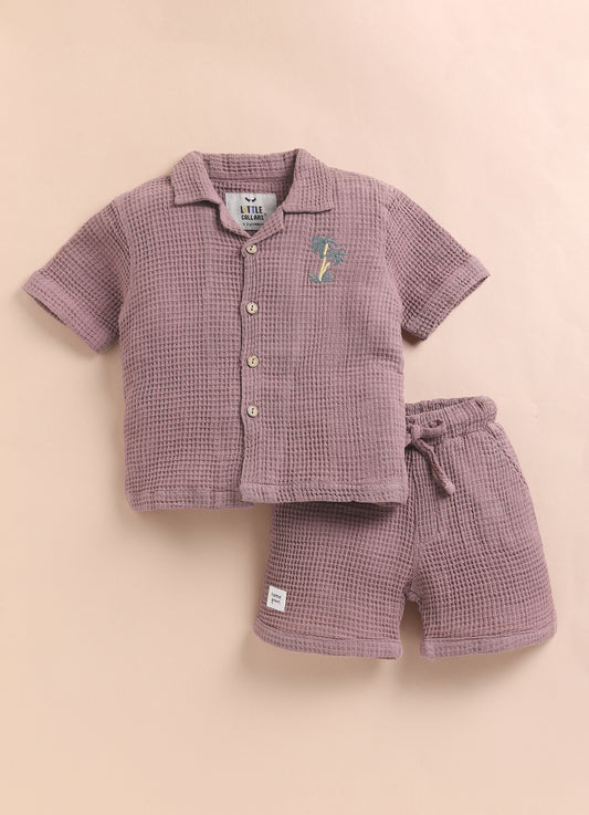 Boys Casual Pure Cotton Embroidered Waffle  Shirt & Shorts Coords Set- Lavender