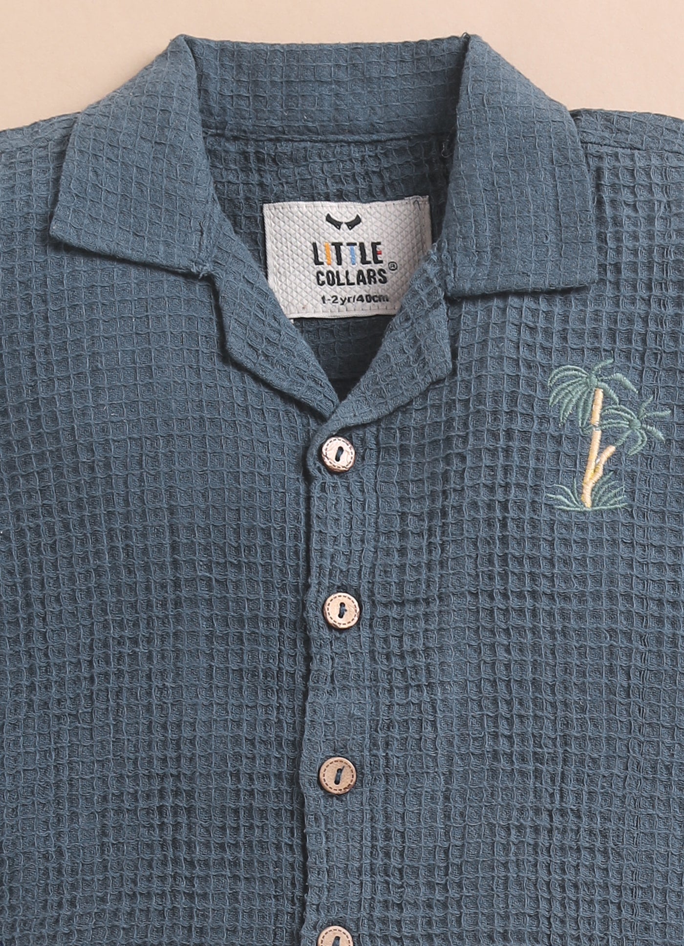 Boys Casual Pure Cotton Embroidered Waffle  Shirt & Shorts Coords Set- Blue