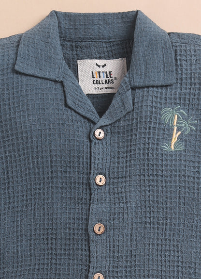 Boys Casual Pure Cotton Embroidered Waffle  Shirt & Shorts Coords Set- Blue