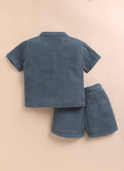 Boys Casual Pure Cotton Embroidered Waffle  Shirt & Shorts Coords Set- Blue