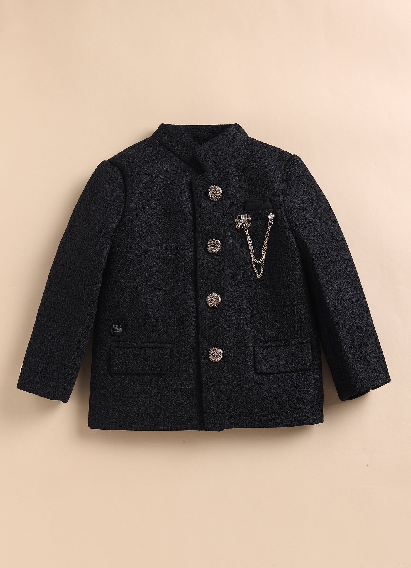 Boys Woven Jaquard Prince Coat & Trouser Coat Set with Brooch - Black