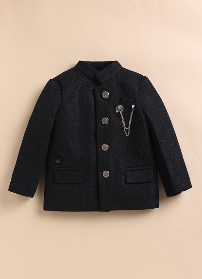 Boys Woven Jaquard Prince Coat & Trouser Coat Set with Brooch - Black