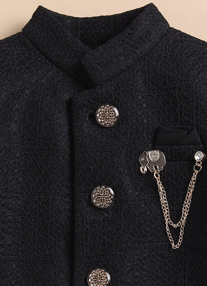 Boys Woven Jaquard Prince Coat & Trouser Coat Set with Brooch - Black