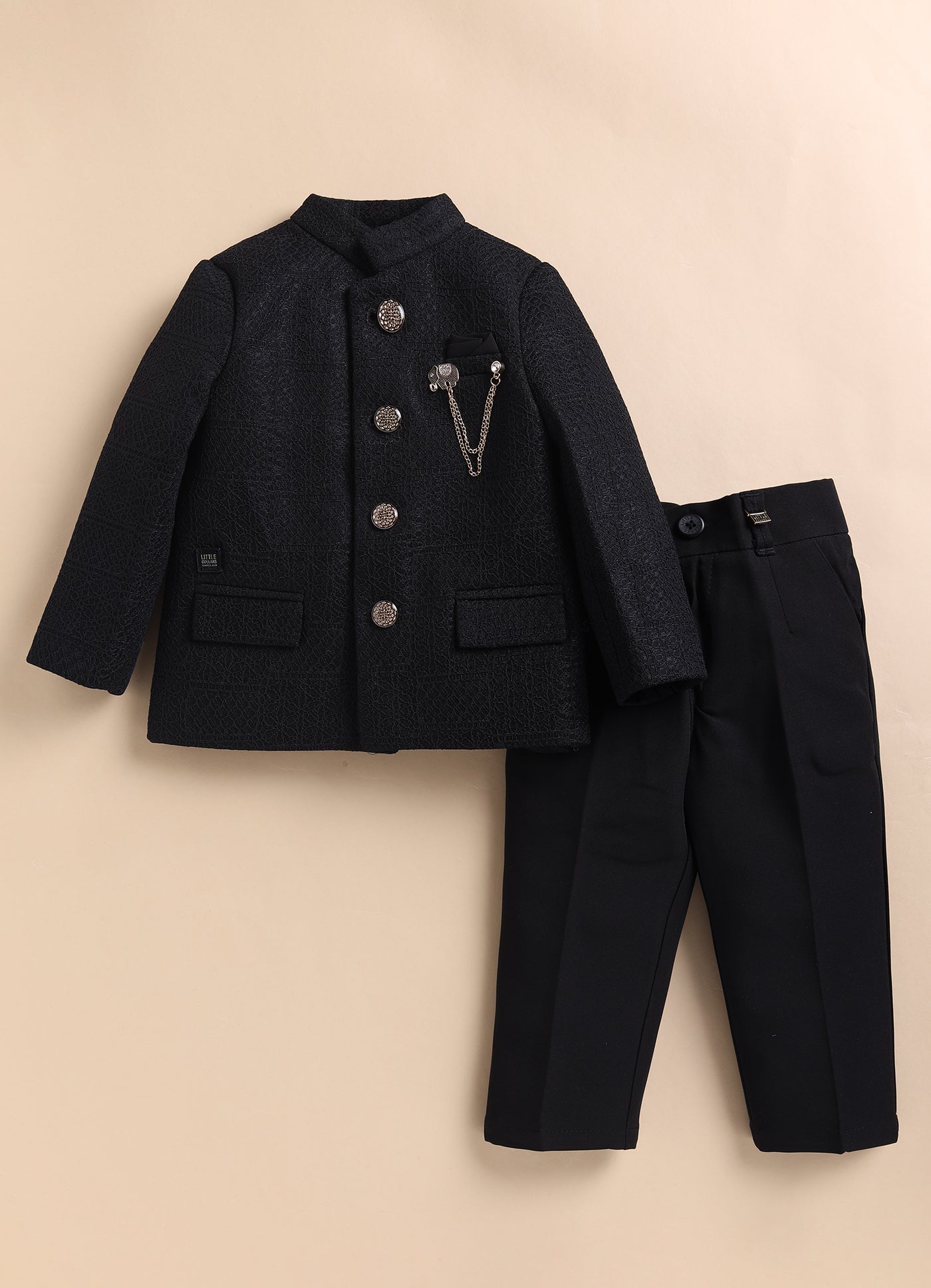 Boys Woven Jaquard Prince Coat & Trouser Coat Set with Brooch - Black