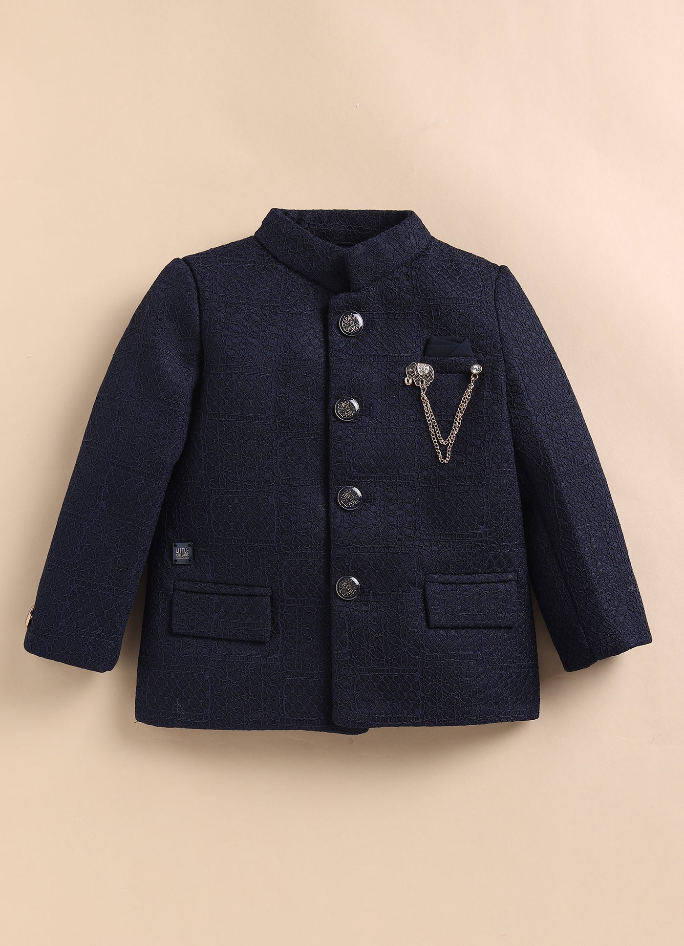 Boys Woven Jaquard Prince Coat & Trouser Coat Set with Brooch - Blue