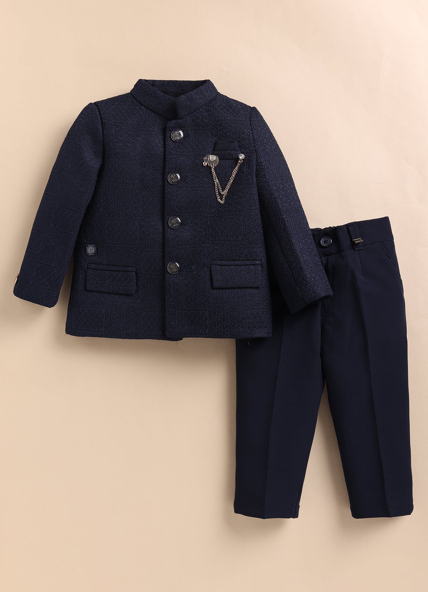 Boys Woven Jaquard Prince Coat & Trouser Coat Set with Brooch - Blue