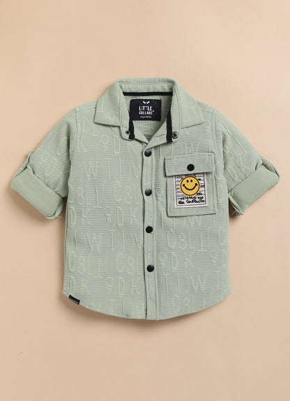 Boys Solid Bright Airport Look Full Sleeves Knitted Shirt, Trousers with Tshirt and Bag Casual Coord Set - Green