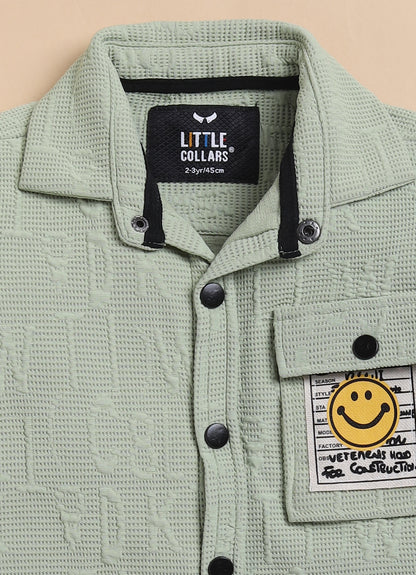 Boys Solid Bright Airport Look Full Sleeves Knitted Shirt, Trousers with Tshirt and Bag Casual Coord Set - Green