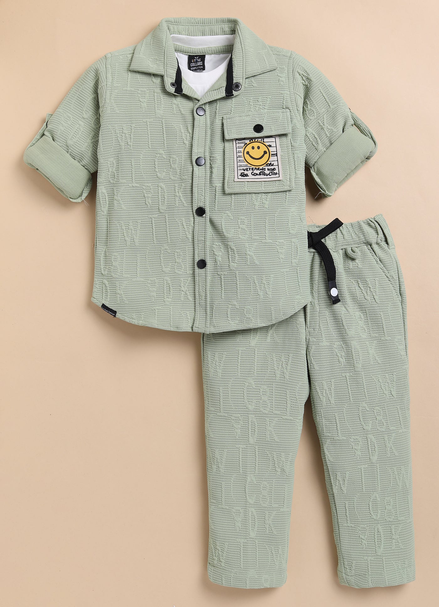 Boys Solid Bright Airport Look Full Sleeves Knitted Shirt, Trousers with Tshirt and Bag Casual Coord Set - Green