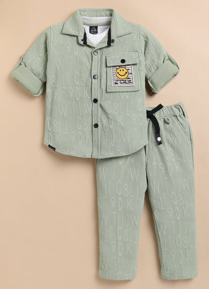Boys Solid Bright Airport Look Full Sleeves Knitted Shirt, Trousers with Tshirt and Bag Casual Coord Set - Green