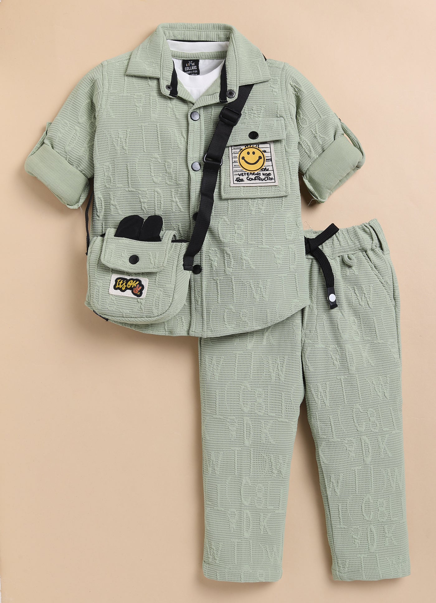 Boys Solid Bright Airport Look Full Sleeves Knitted Shirt, Trousers with Tshirt and Bag Casual Coord Set - Green