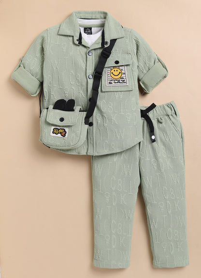 Boys Solid Bright Airport Look Full Sleeves Knitted Shirt, Trousers with Tshirt and Bag Casual Coord Set - Green
