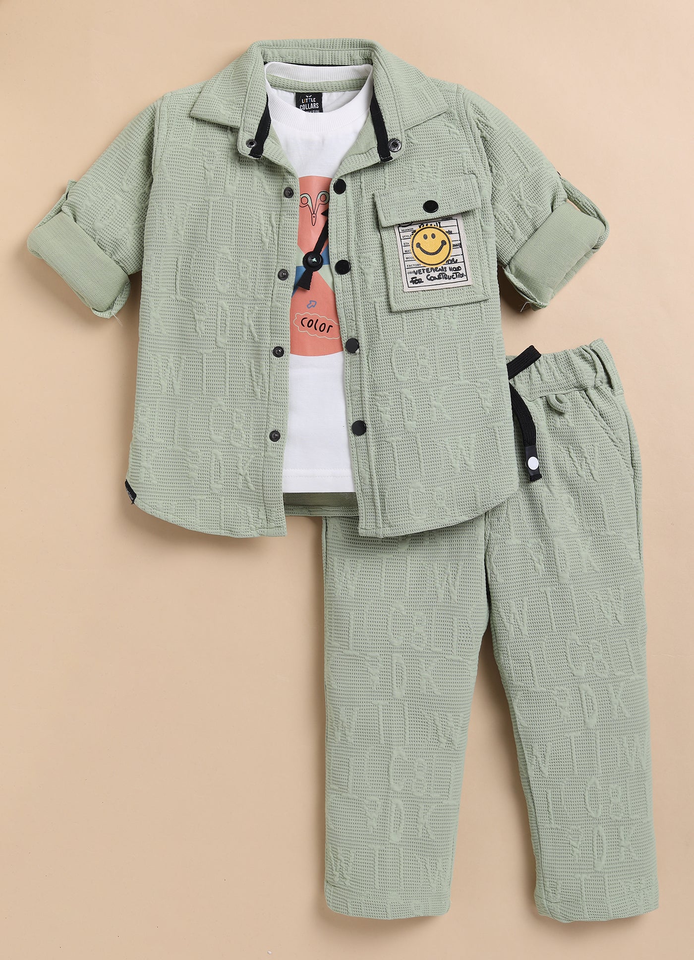Boys Solid Bright Airport Look Full Sleeves Knitted Shirt, Trousers with Tshirt and Bag Casual Coord Set - Green