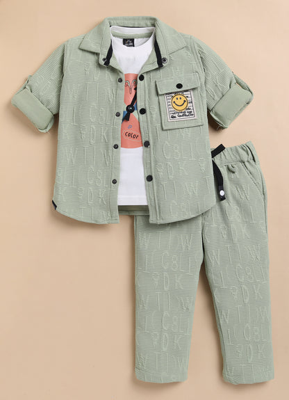 Boys Solid Bright Airport Look Full Sleeves Knitted Shirt, Trousers with Tshirt and Bag Casual Coord Set - Green
