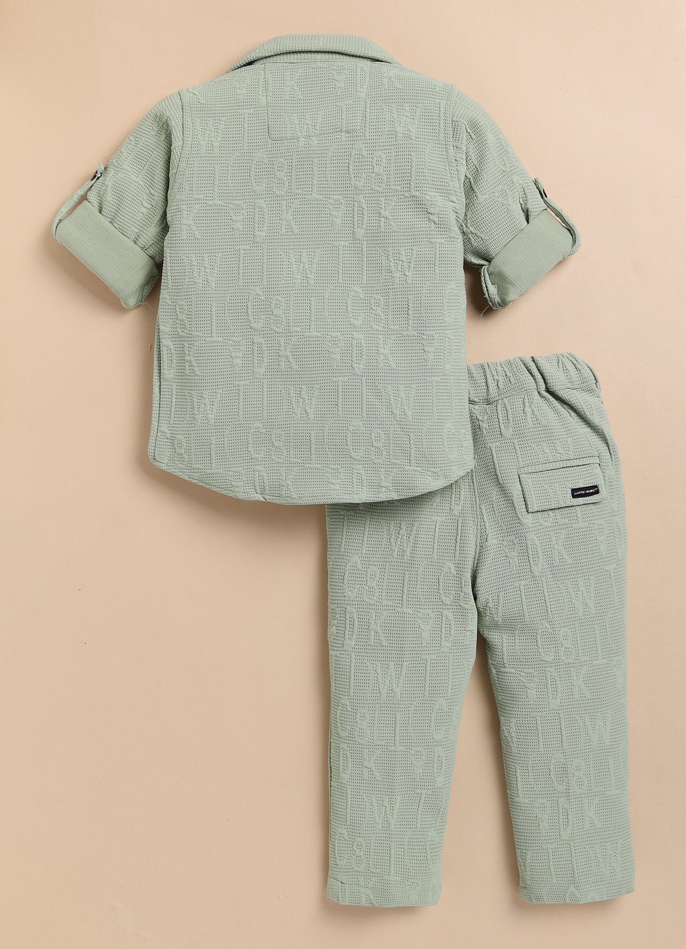 Boys Solid Bright Airport Look Full Sleeves Knitted Shirt, Trousers with Tshirt and Bag Casual Coord Set - Green