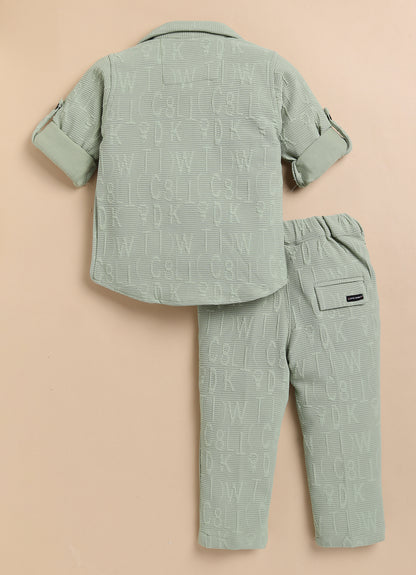 Boys Solid Bright Airport Look Full Sleeves Knitted Shirt, Trousers with Tshirt and Bag Casual Coord Set - Green