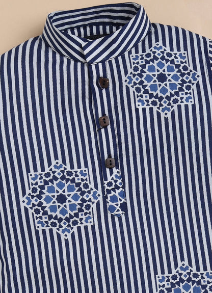 Boys Pure Cotton Jaipuri Printed Full Sleeve Kurta and Pajama Ethnic Set - Blue