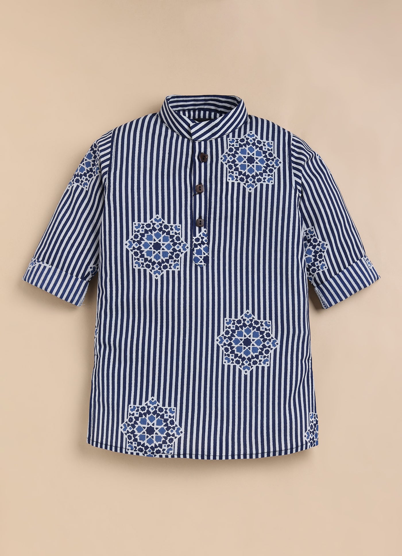 Boys Pure Cotton Jaipuri Printed Full Sleeve Kurta and Pajama Ethnic Set - Blue