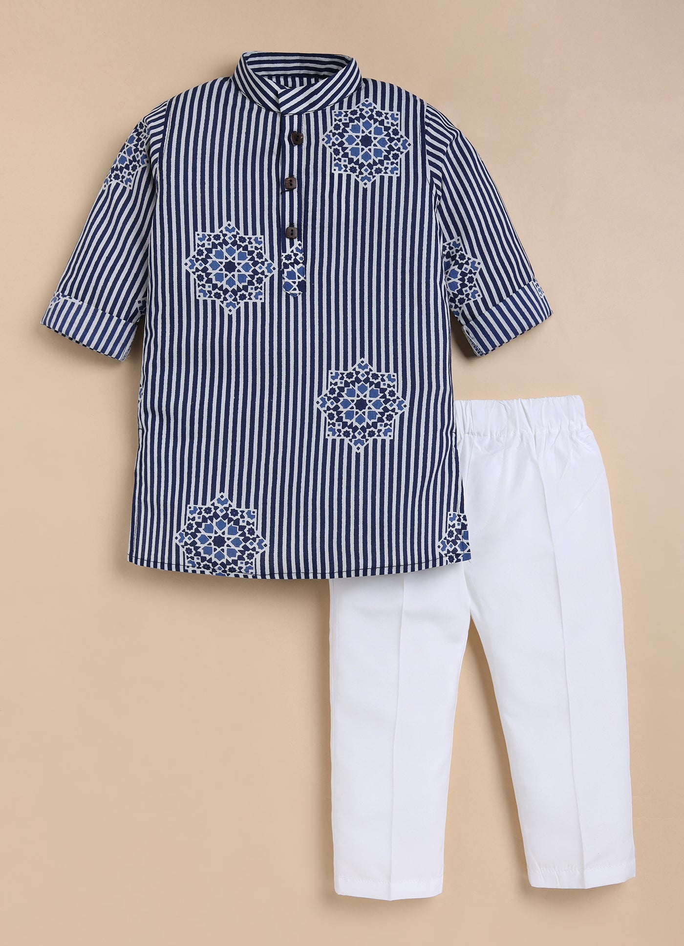 Boys Pure Cotton Jaipuri Printed Full Sleeve Kurta and Pajama Ethnic Set - Blue