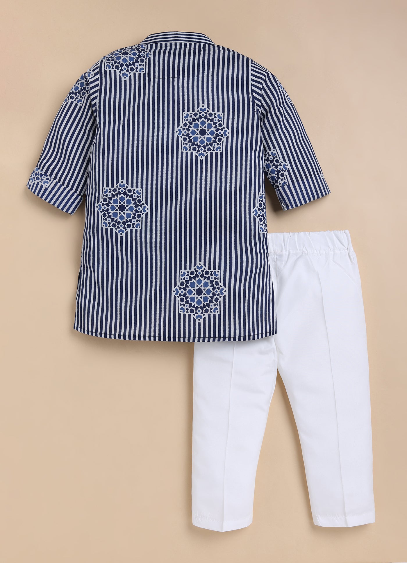 Boys Pure Cotton Jaipuri Printed Full Sleeve Kurta and Pajama Ethnic Set - Blue