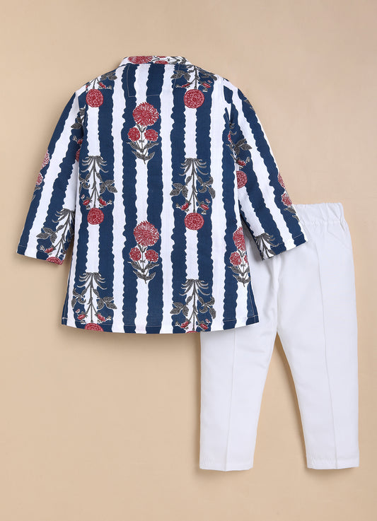 Boys Pure Cotton Jaipuri Floral Printed Full Sleeve Kurta and Pajama Ethnic Set - Blue