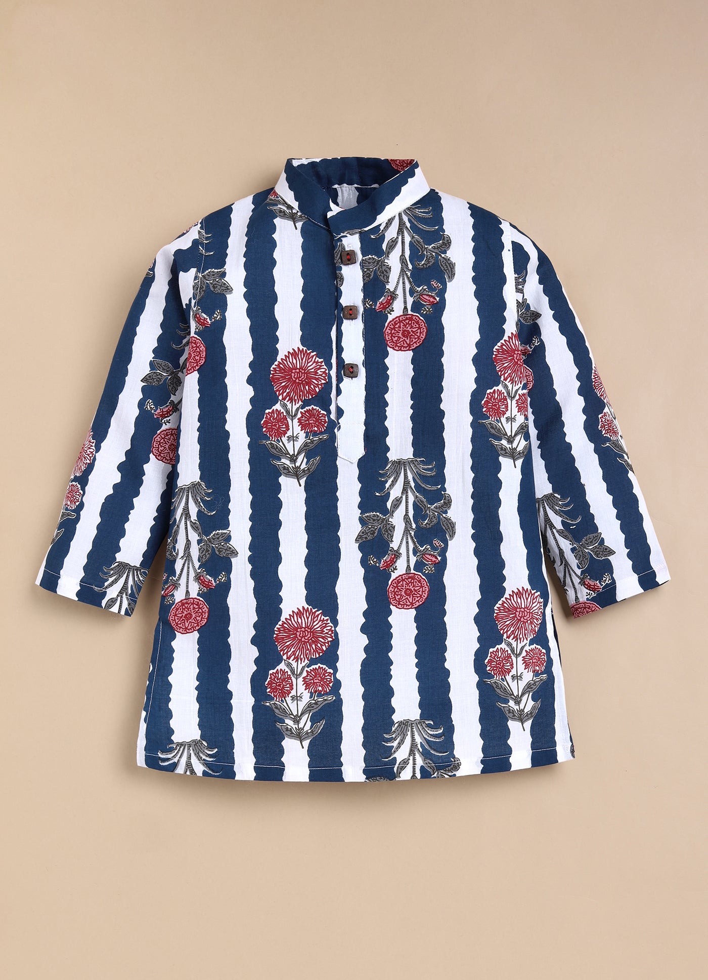 Boys Pure Cotton Jaipuri Floral Printed Full Sleeve Kurta and Pajama Ethnic Set - Blue