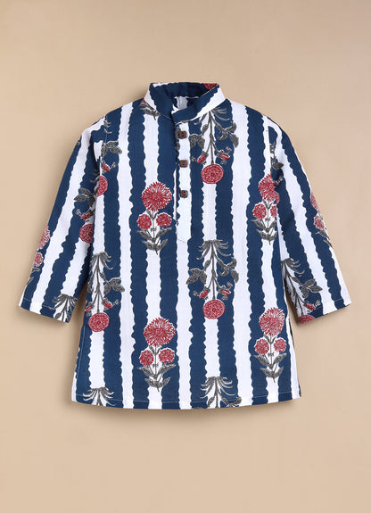 Boys Pure Cotton Jaipuri Floral Printed Full Sleeve Kurta and Pajama Ethnic Set - Blue