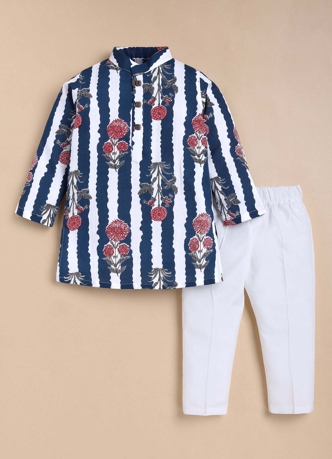 Boys Pure Cotton Jaipuri Floral Printed Full Sleeve Kurta and Pajama Ethnic Set - Blue