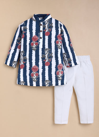 Boys Pure Cotton Jaipuri Floral Printed Full Sleeve Kurta and Pajama Ethnic Set - Blue