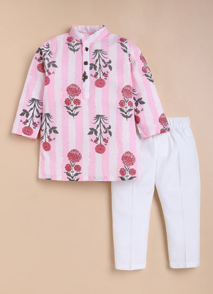 Boys Pure Cotton Jaipuri Floral Printed Full Sleeve Kurta and Pajama Ethnic Set - Pink